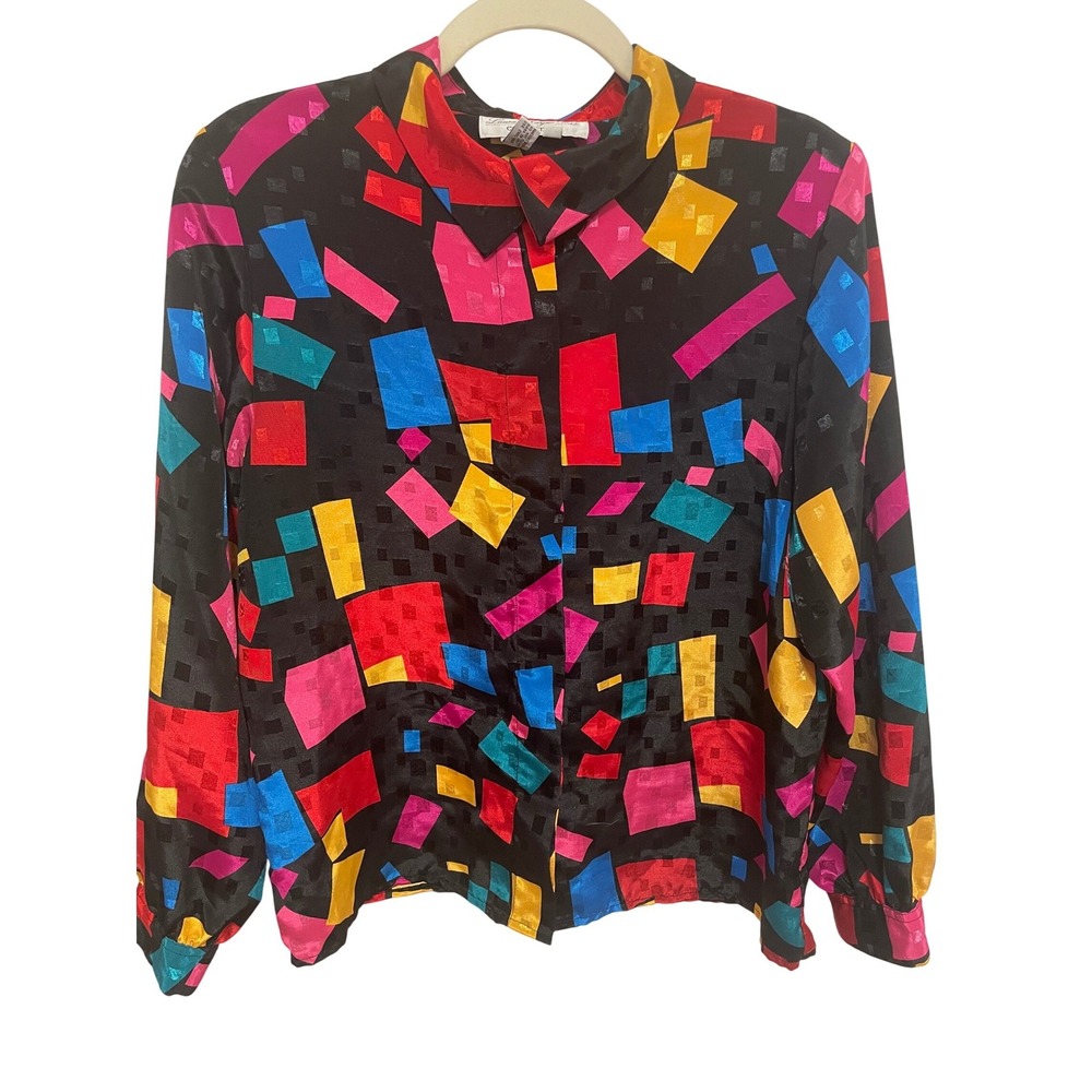 Vintage Blouse Abstract Geometric Button‎ Down Blouse Size 12